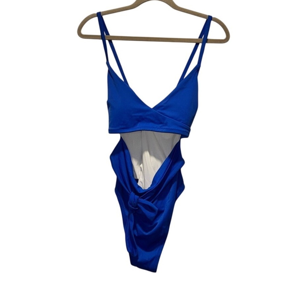 Royal Blue Ribbed Cutout Front Knot One Piece Monokini Swimsuit